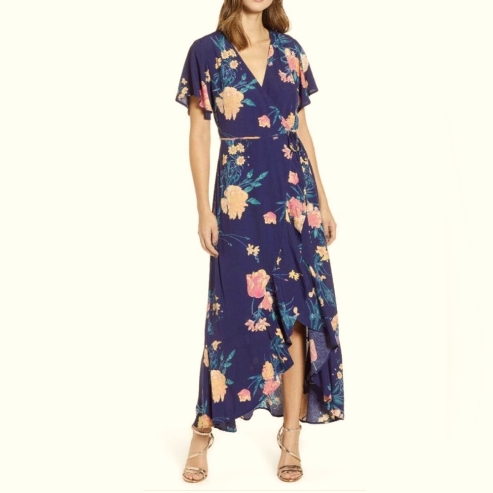 Navy Blue Pink Floral, Ruffled, Wrap Maxi Dress